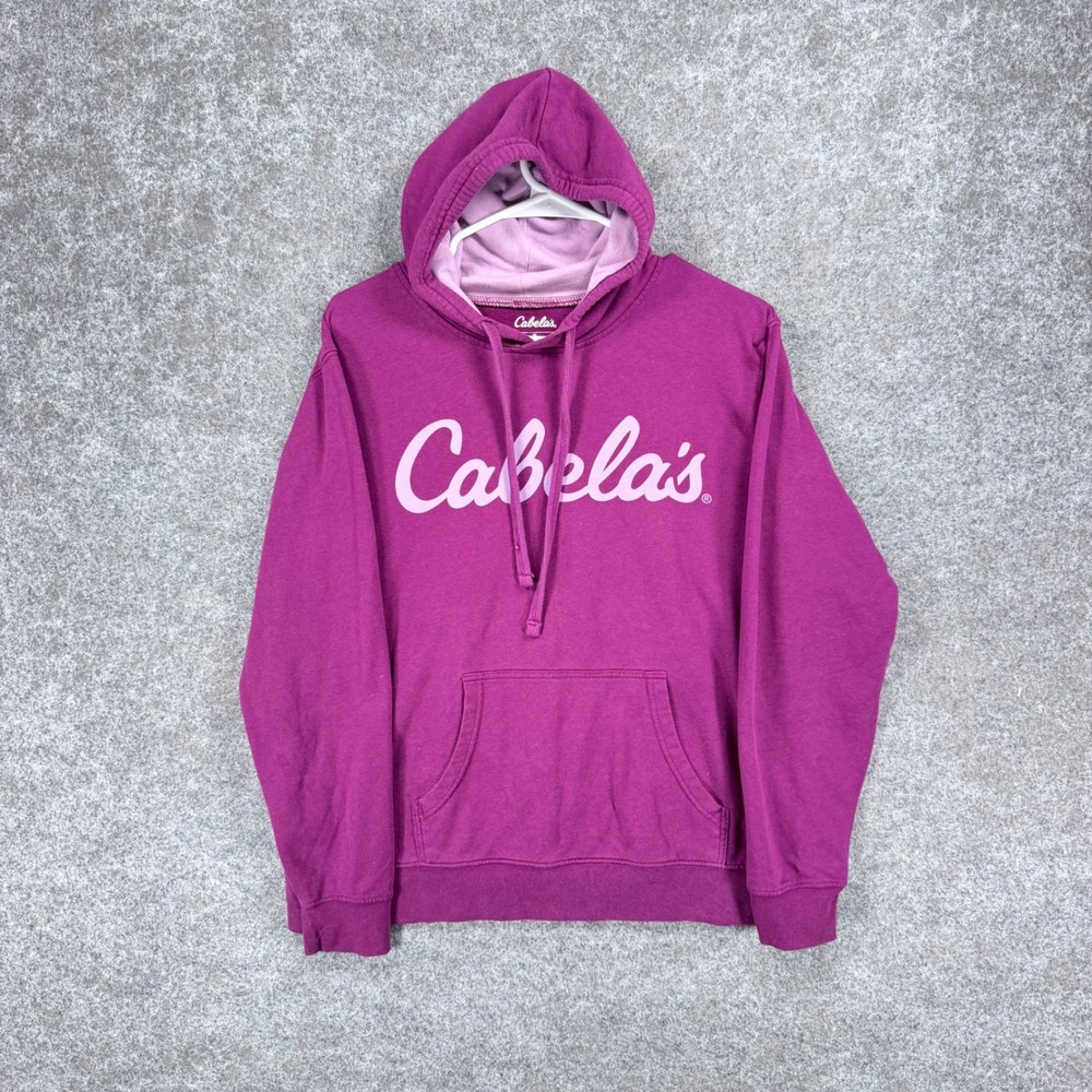 Cabela's Women Size M Purple Pink Logo Pullover Hoodie Sweatshirt Fleece Pocket